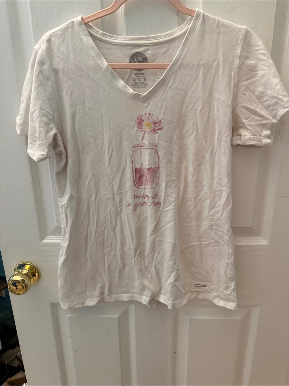 Life Is Good Women's Cream V-Neck Tee with Pink Graphic